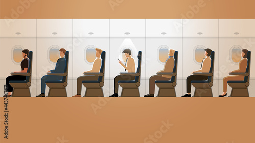 Technology problem smartphone addiction concept. A man enjoys using social network application and ignores surrounding. Alone in plane cabin while other passenger are asleep in orange morning sunrise.
