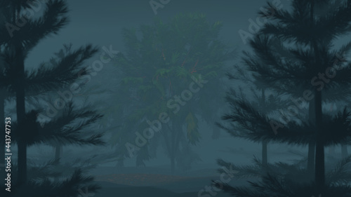 3D illustration graphics of Forest landscape scenery with trees movement due to wind and heavy foggy environment.