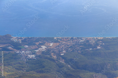 View of resort village on the Mediterranean sea coast from a top of Tahtali mountain near Kemer, Antalya Province in Turkey