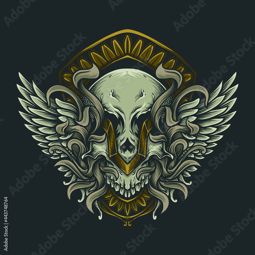 artwork illustration and t shirt design black and white hand drawn skull angel wing engraving ornament