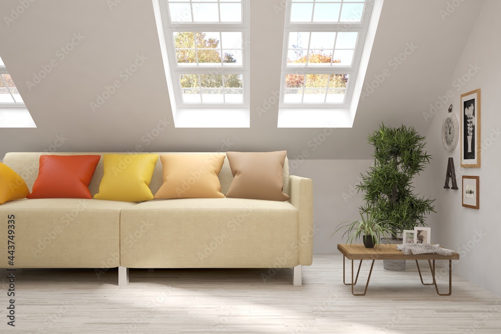 Modern living room in white color with sofa. Scandinavian interior design. 3D illustration Modern living room in white color with sofa. Scandinavian interior design. 3D illustration