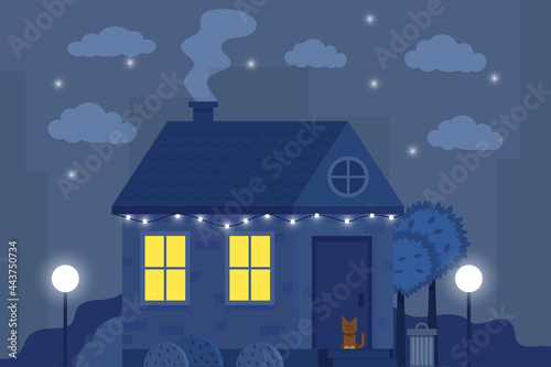Vector illustration of night house with street lamp and tree in dark blue sky background. Art design for web, site