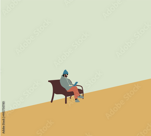 Woman with mask sitting in the park on the bench and working with laptop. Concept illustration for working  freelancing  studying  education  work from home. Vector illustration in flat cartoon style.