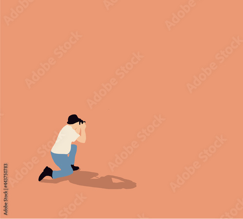 Man Taking Photo Flat Vector Drawing. Traveling People in Trip Poster, Banner, Brochure. Tourist with Gadget Taking Photo.