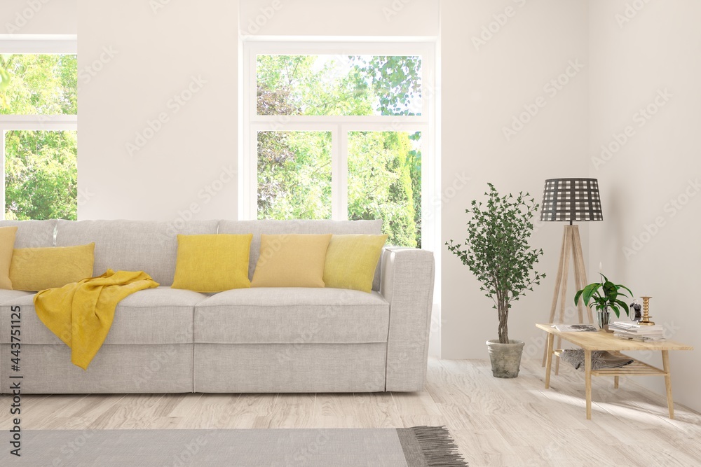 Fototapeta premium White living room with sofa and summer landscape in window. Scandinavian interior design. 3D illustration