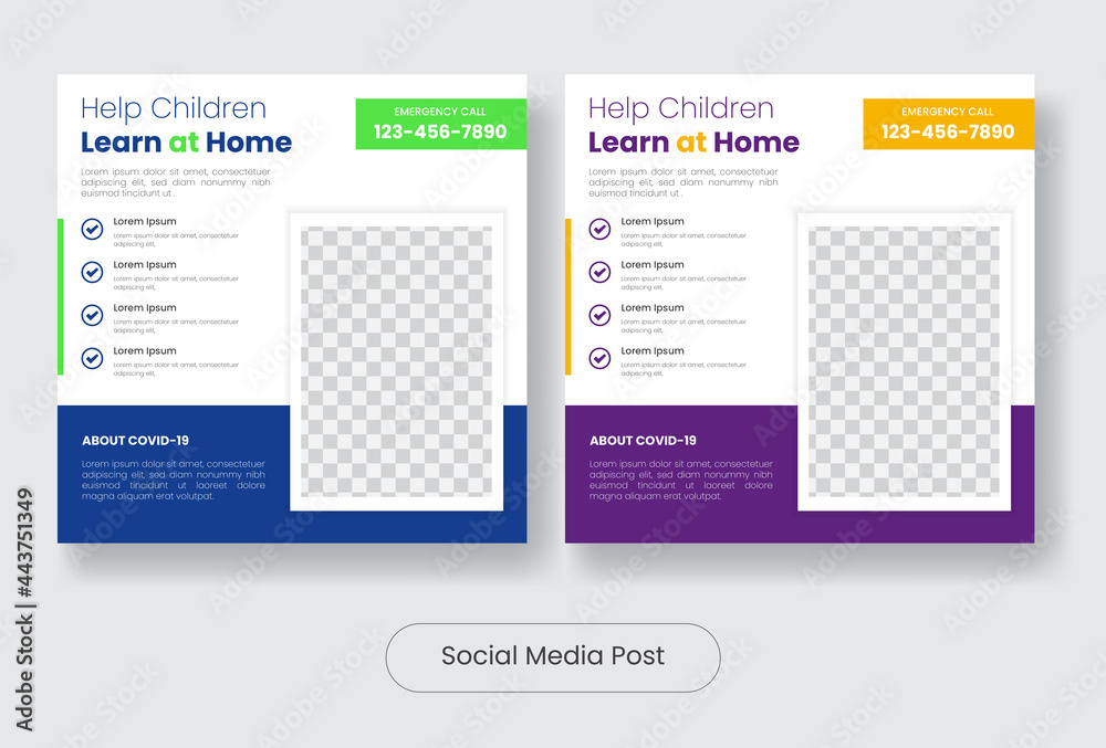 Children study at home during covid-19 social media post banner template set
