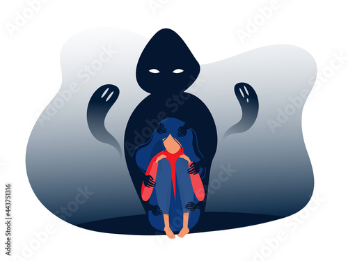 Depressed girl with anxiety and scary fantasies feeling sorrow,fears, sadness vector illustration