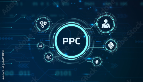 Pay per click payment technology digital marketing internet concept of virtual screen. PPC
