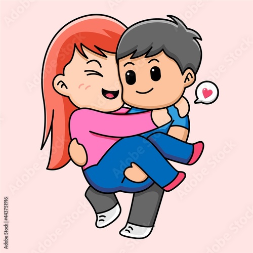 Cute boy holding his girlfriend, valentine concept, cartoon illustration