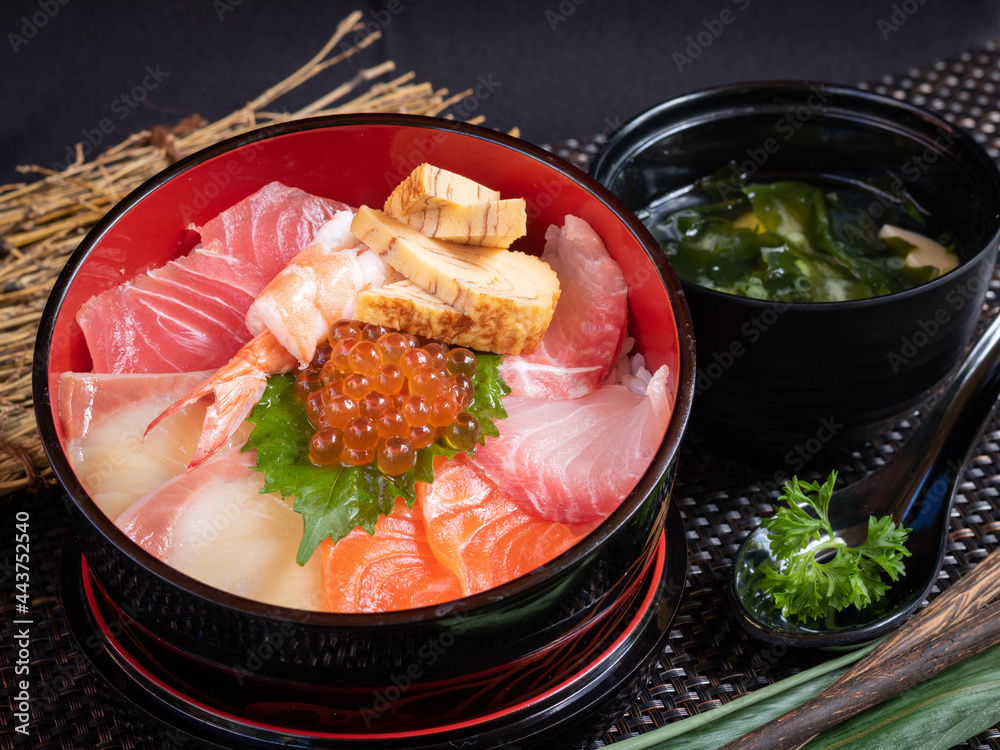 Japanese assorted raw seafood rice bowl sashimi Don buri with salmon