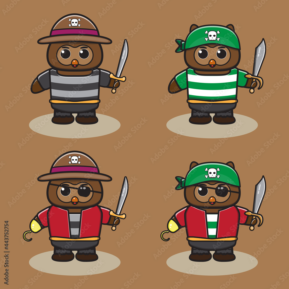 Vector illustration of cute Owl Pirate cartoon set. Good for icon, logo, label, sticker, clipart. Vector illustration of cute Owl Pirate cartoon set. Good for icon, logo, label, sticker, clipart.
