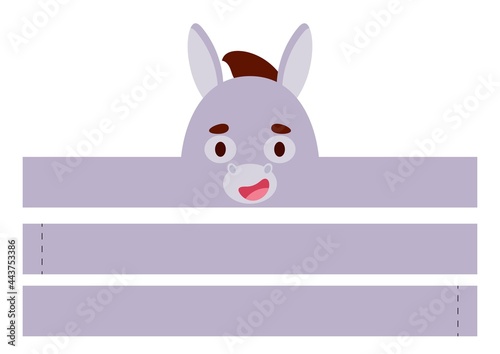 Printable donkey paper crown. Diy cut party ribbon template for birthday, christmas, baby shower. Fun accessory for entertainment. Print, cut and glue. Vector stock illustration.