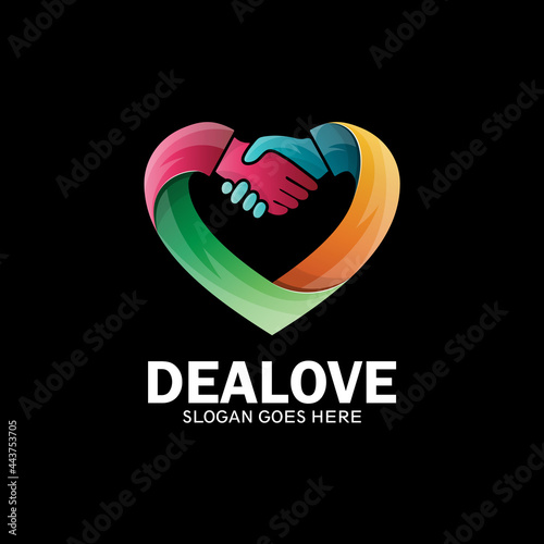 Deal love logo, heart logo with two hands shaking each other