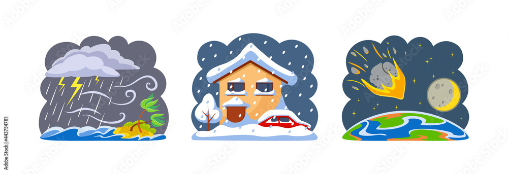Natural disasters tropical cyclones, falling meteorites and heavy snowfall. Tornado and tropical rainstorm with strong wind breaks trees. Snowy winter, snow covered houses and cars