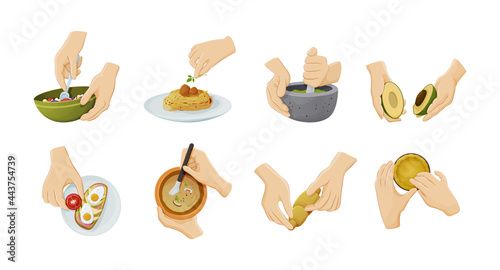 Human hands preparing food. Cooking utensils with soup, eggs, vegetable salad in bowl, toast with scrambled eggs, soup, noodles. Hands holding cutlery cooking utensils