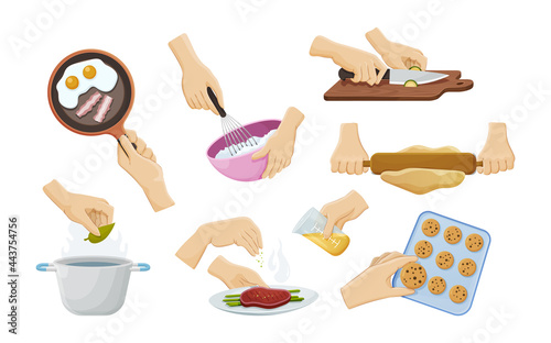 Collection human hands preparing food. Cooking utensils with soup, eggs, meat, roll out dough, beat cream, cutting avocado and sprinkle spices. Hands holding cutlery cooking utensils