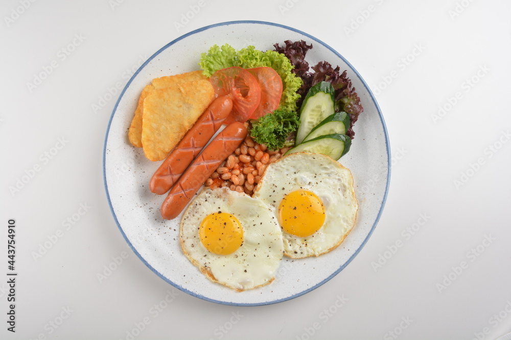western big breakfast with butter toast, fried scramble egg, sausage, grill bacon, ham, omelette, bean and salad halal breakfast menu western big breakfast with butter toast, fried scramble egg, sausage, grill bacon, ham, omelette, bean and salad halal breakfast menu