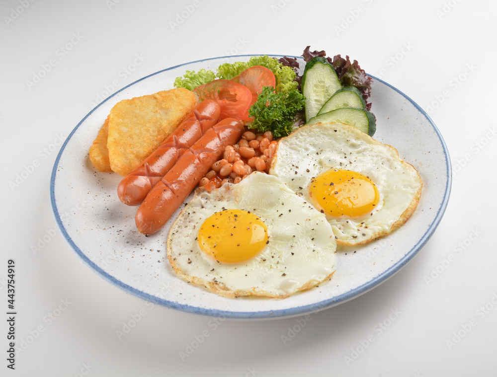 western big breakfast with butter toast, fried scramble egg, sausage, grill bacon, ham, omelette, bean and salad halal breakfast menu western big breakfast with butter toast, fried scramble egg, sausage, grill bacon, ham, omelette, bean and salad halal breakfast menu
