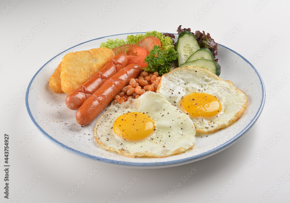 western big breakfast with butter toast, fried scramble egg, sausage, grill bacon, ham, omelette, bean and salad halal breakfast menu western big breakfast with butter toast, fried scramble egg, sausage, grill bacon, ham, omelette, bean and salad halal breakfast menu