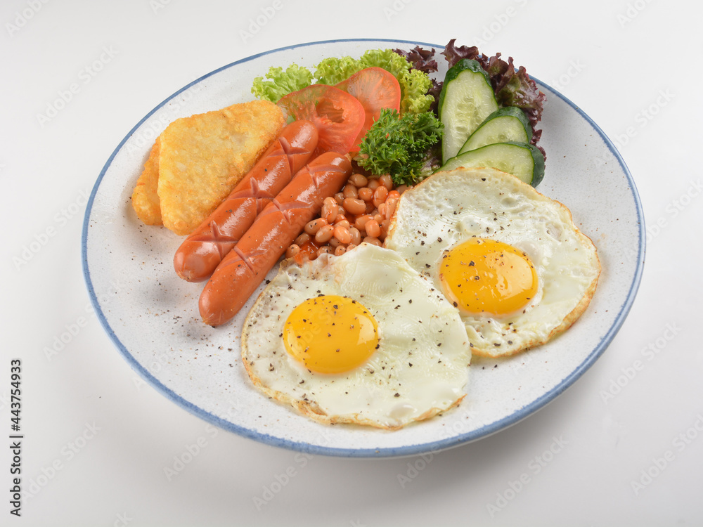 western big breakfast with butter toast, fried scramble egg, sausage, grill bacon, ham, omelette, bean and salad halal breakfast menu western big breakfast with butter toast, fried scramble egg, sausage, grill bacon, ham, omelette, bean and salad halal breakfast menu