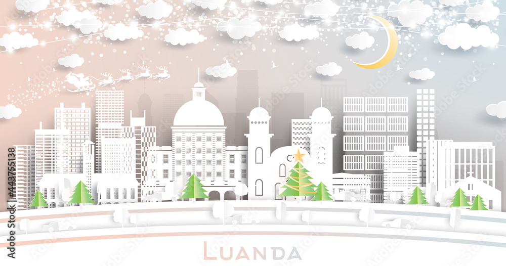 Fototapeta premium Luanda Angola City Skyline in Paper Cut Style with Snowflakes, Moon and Neon Garland.