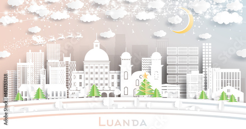 Luanda Angola City Skyline in Paper Cut Style with Snowflakes  Moon and Neon Garland.