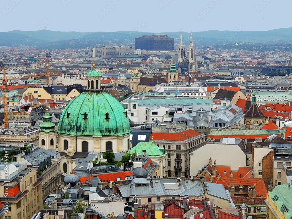 panoramic view of vienna, austria, from south tower of  st. stephen's cathedral on a sunny spring day