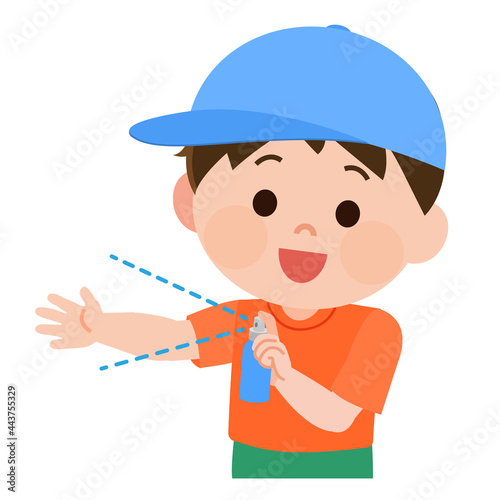 スプレーを腕にかける男の子　イラスト