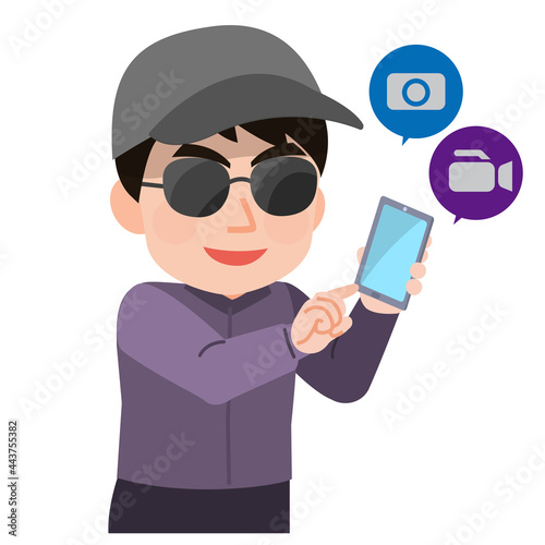 スマートフォンカメラで隠し撮りする怪しい男性　イラスト