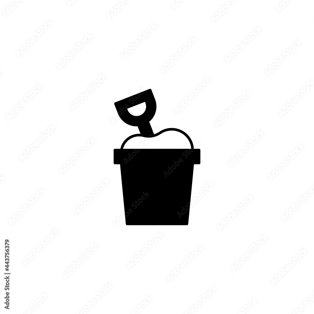 Sand beach bucket and shovel icon in solid black flat shape glyph icon, isolated on white background Sand beach bucket and shovel icon in solid black flat shape glyph icon, isolated on white background