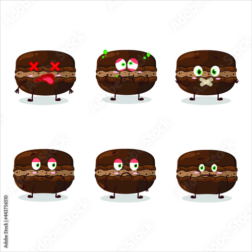 Chocolate macaron cartoon character with nope expression. Vector illustration