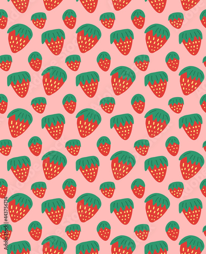 Simple childish pattern with strawberries on pink background. Vector natural flat texture with berries. Fabric with sweet delicious food. Wallpaper and fabric with hand drawn fruit for the nursery