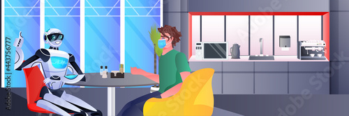 businessman and robot discussing during meeting partnership chat bubble communication artificial intelligence