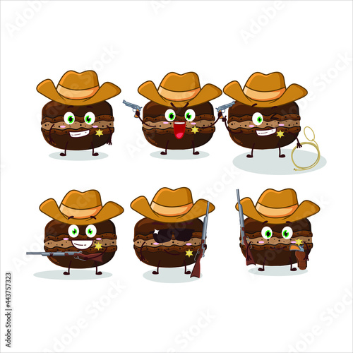 Cool cowboy chocolate macaron cartoon character with a cute hat. Vector illustration