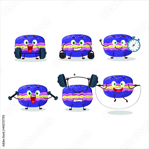 A healthy grapes macaron cartoon style trying some tools on Fitness center. Vector illustration