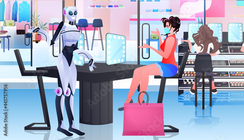 robots showing items in fashion boutique artificial intelligence technology concept