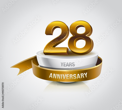 28 years golden anniversary logo celebration with ring and ribbon.