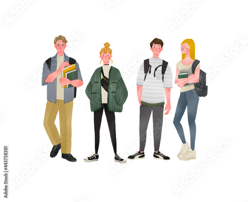 Cuadro en lienzo 留学生や大学生のおしゃれ温かい全身手描きイラスト
