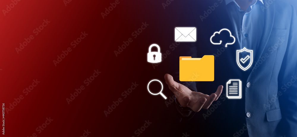 Document Management System DMS .Businessman hold folder and document icon.Software for archiving, searching and managing corporate files and information.Internet Technology Concept.Digital security