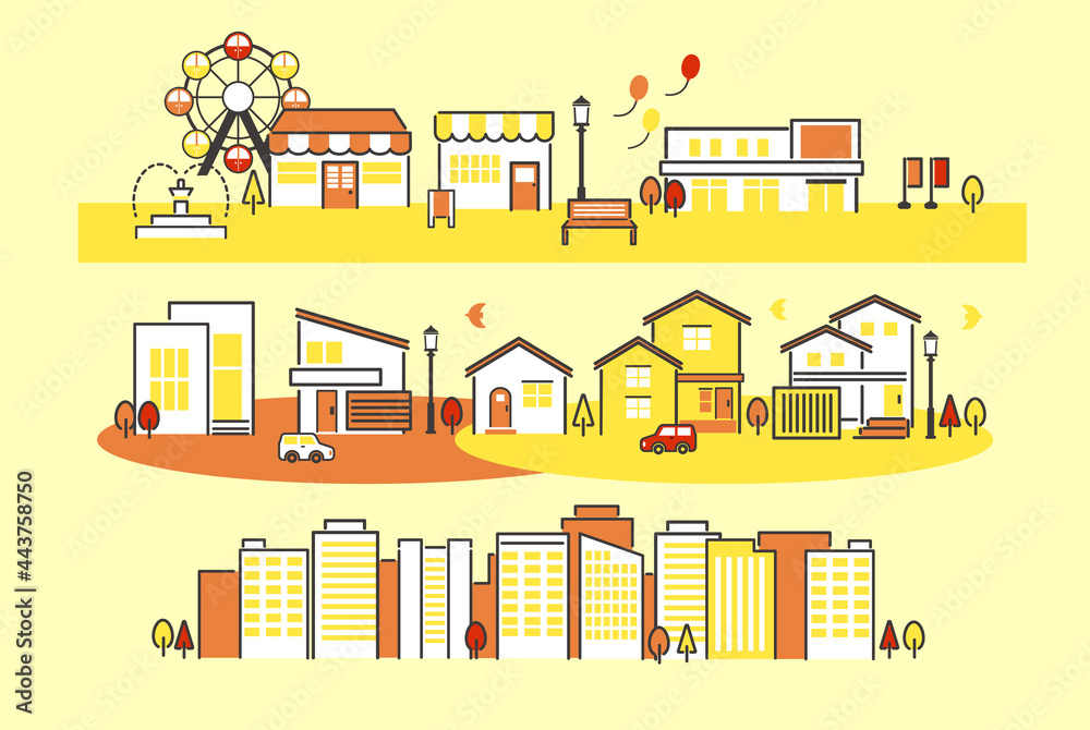シンプルでかわいい街並みのベクターイラスト素材／秋／夕方／住まい