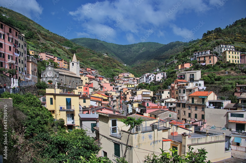 High angle view of scenic Mediterranean town - Riomaggiore, Cinque Terre, Italy