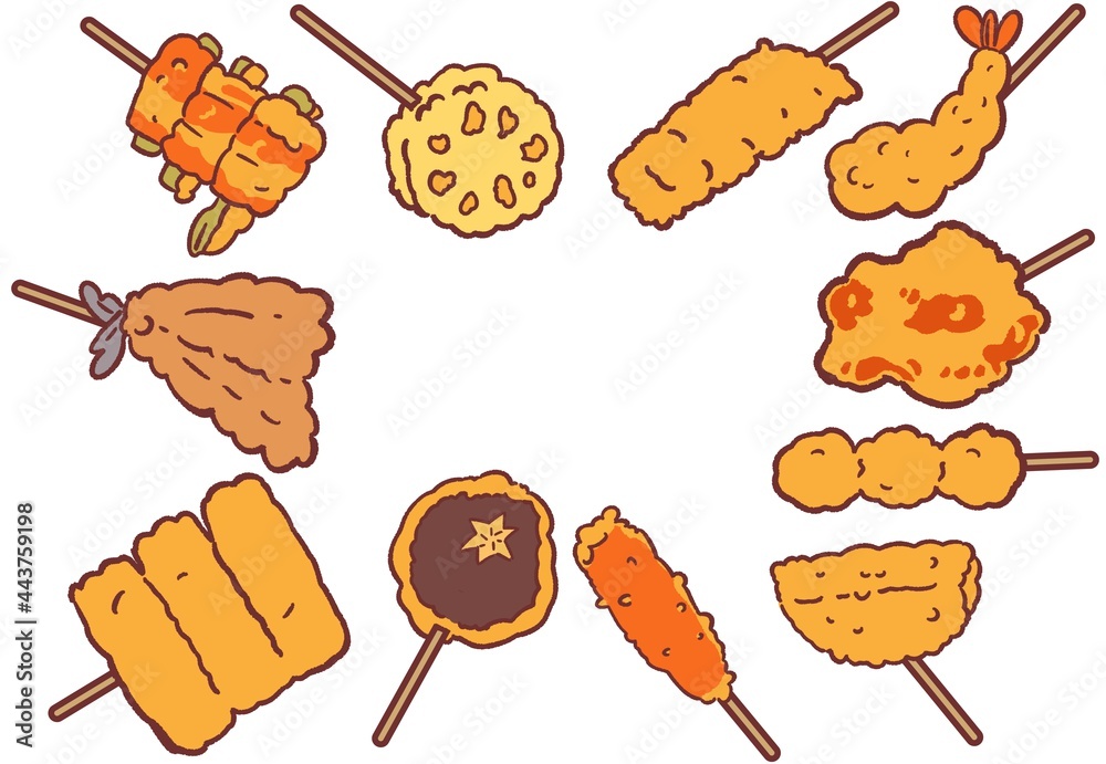 串揚げいろいろイラスト四方フレーム壁紙 全体バージョン 白 Stock Illustration Adobe Stock