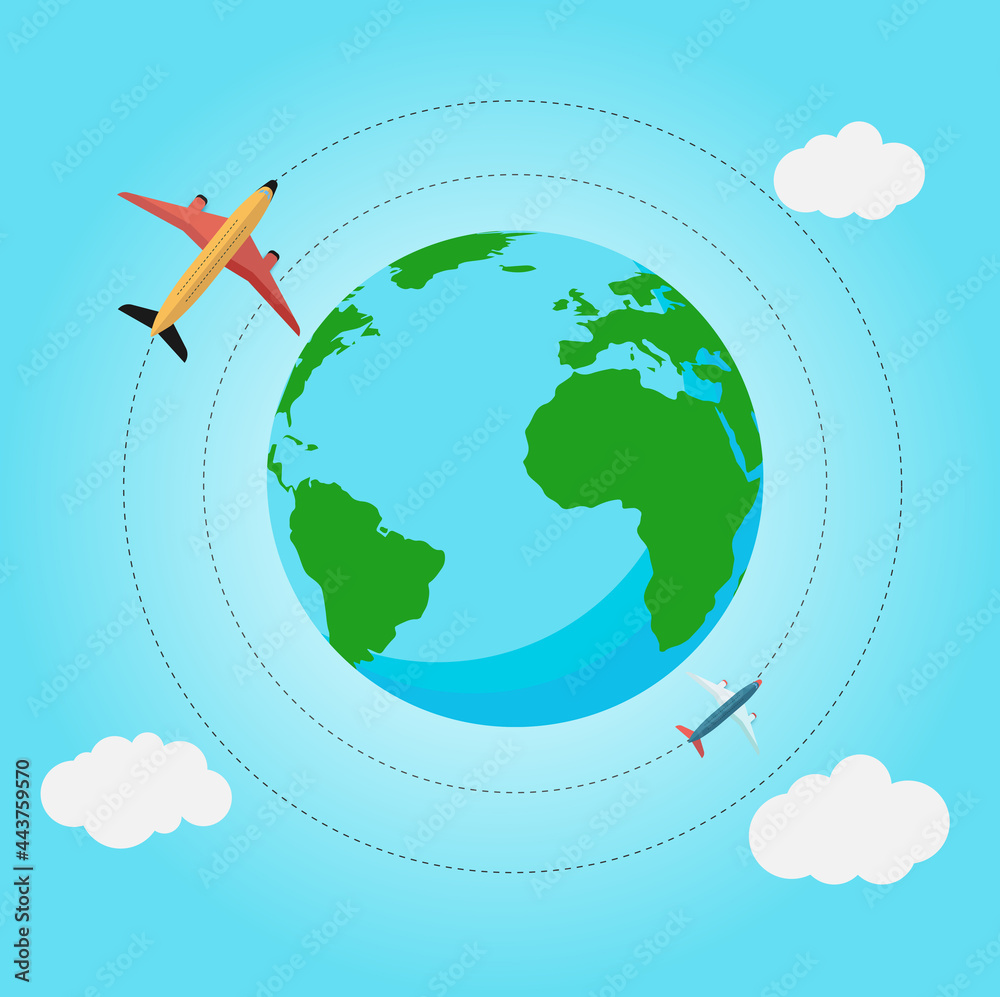 Naklejka premium Passenger plane flying around the globe. Planet Earth. Plane. Around the world travelling by plane, airplane trip in various country. Planet Earth. Travel and tourism concept. 