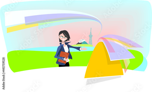 Welcome to Japan concept colorful vector illustration with young friendly business woman invites to new roads to reach the country