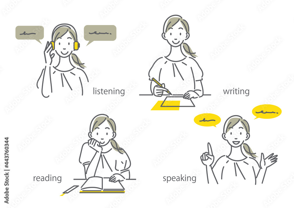 英語を学ぶ女性のイラストセット 語学学習方法 シンプルでお洒落な線画イラスト Stock Vector Adobe Stock