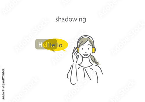 シャドーイング　英語を学ぶ女性のイラスト　語学学習方法　シンプルでお洒落な線画イラスト