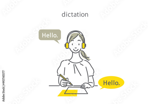 ディクテーション　英語を学ぶ女性のイラスト　語学学習方法　シンプルでお洒落な線画イラスト