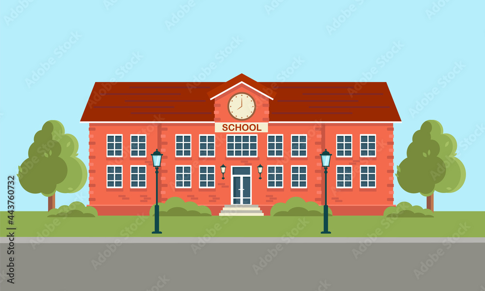 School and education. A building for urban construction. A set of elements for creating urban background, rural and urban landscape. Vector illustration in flat style