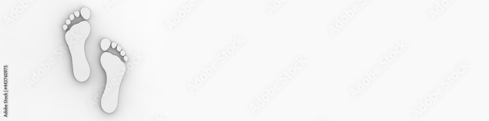 banner with the image of two footprints of a man on a white background. white trail. close-up footprint. 3D rendering. 3D image. banner with the image of two footprints of a man on a white background. white trail. close-up footprint. 3D rendering. 3D image.