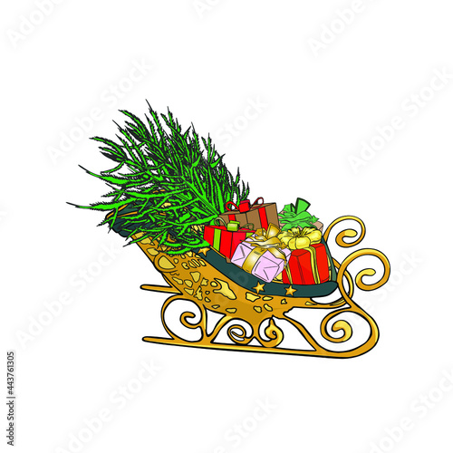 Illustration isolated New year, Christmas. Isolated sled with Christmas gifts, New Year tree. Designer blank, logo, icon, new year sale